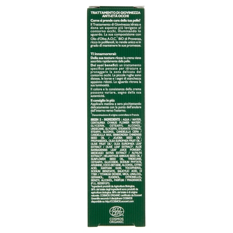 Tesori di Provenza Contorno Occhi Anti-età, con Olio d'Oliva Biologico, Ricco in Polifenoli, 15 ml